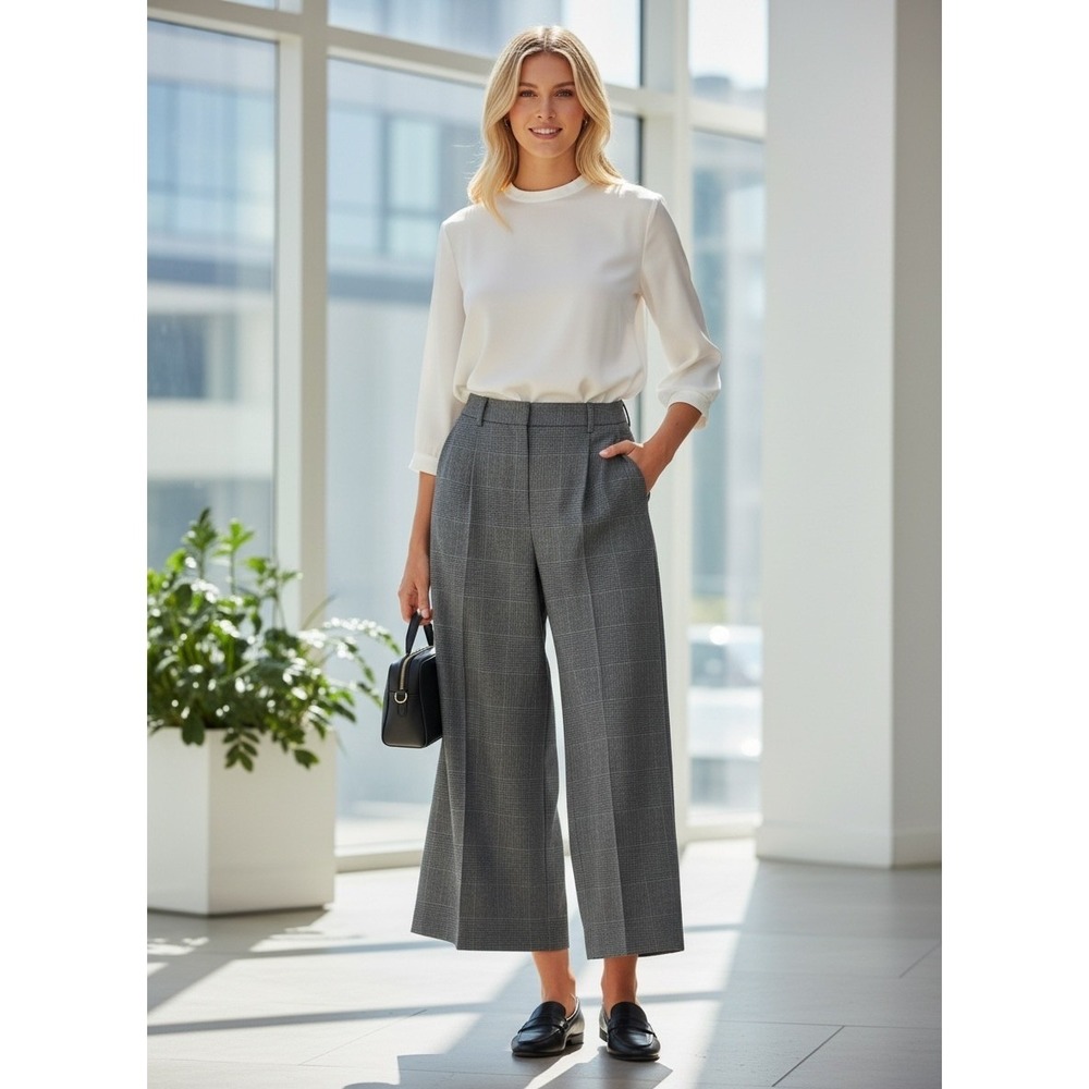 Zara Trafaluc Plaid Wide Leg Crop Pants Womens M Grey High Rise Academia Office